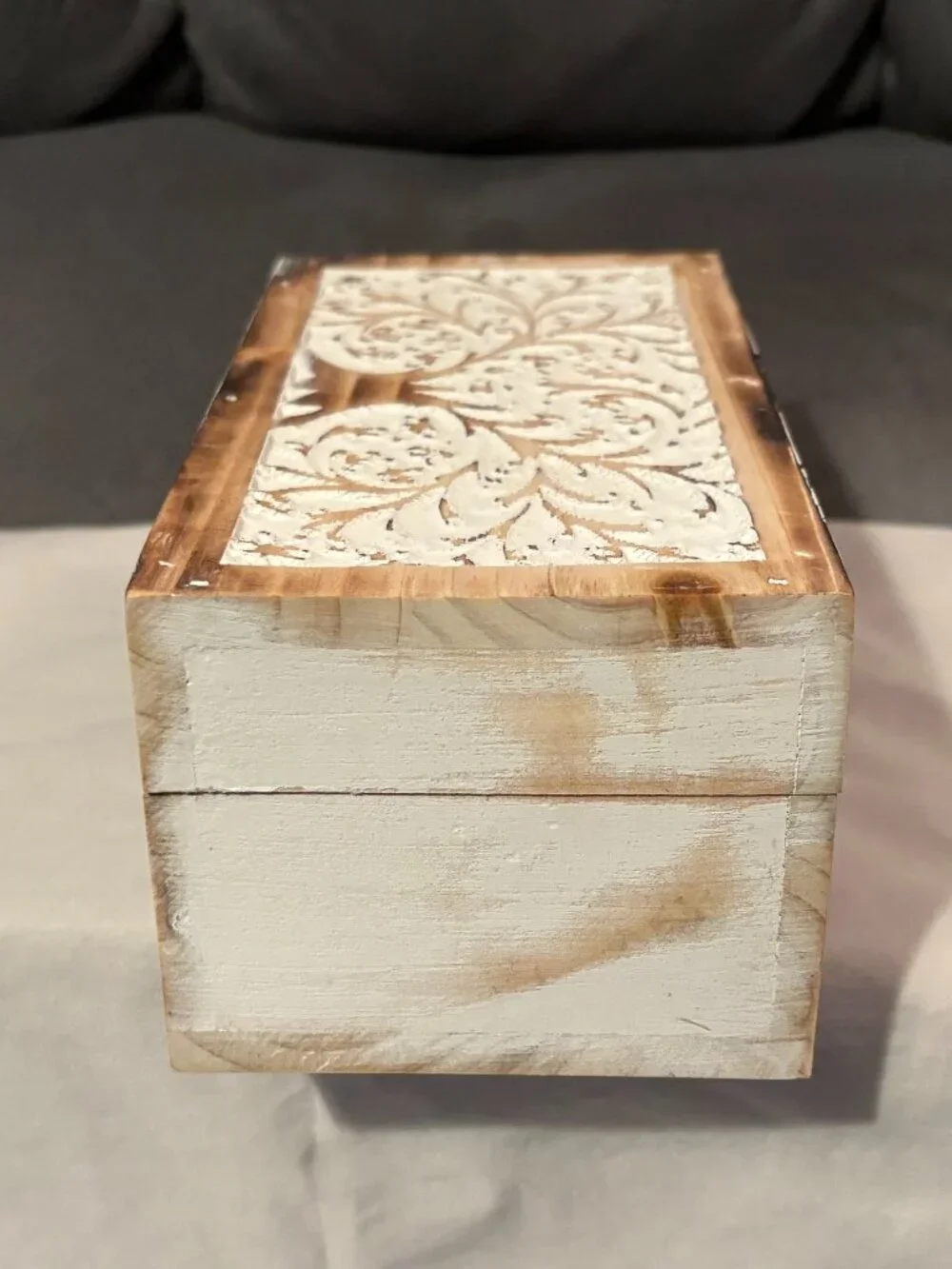 Carved Mango Wooden Box-Rustic Farmhouse w/ Hinged Lid-Whitewashed-8